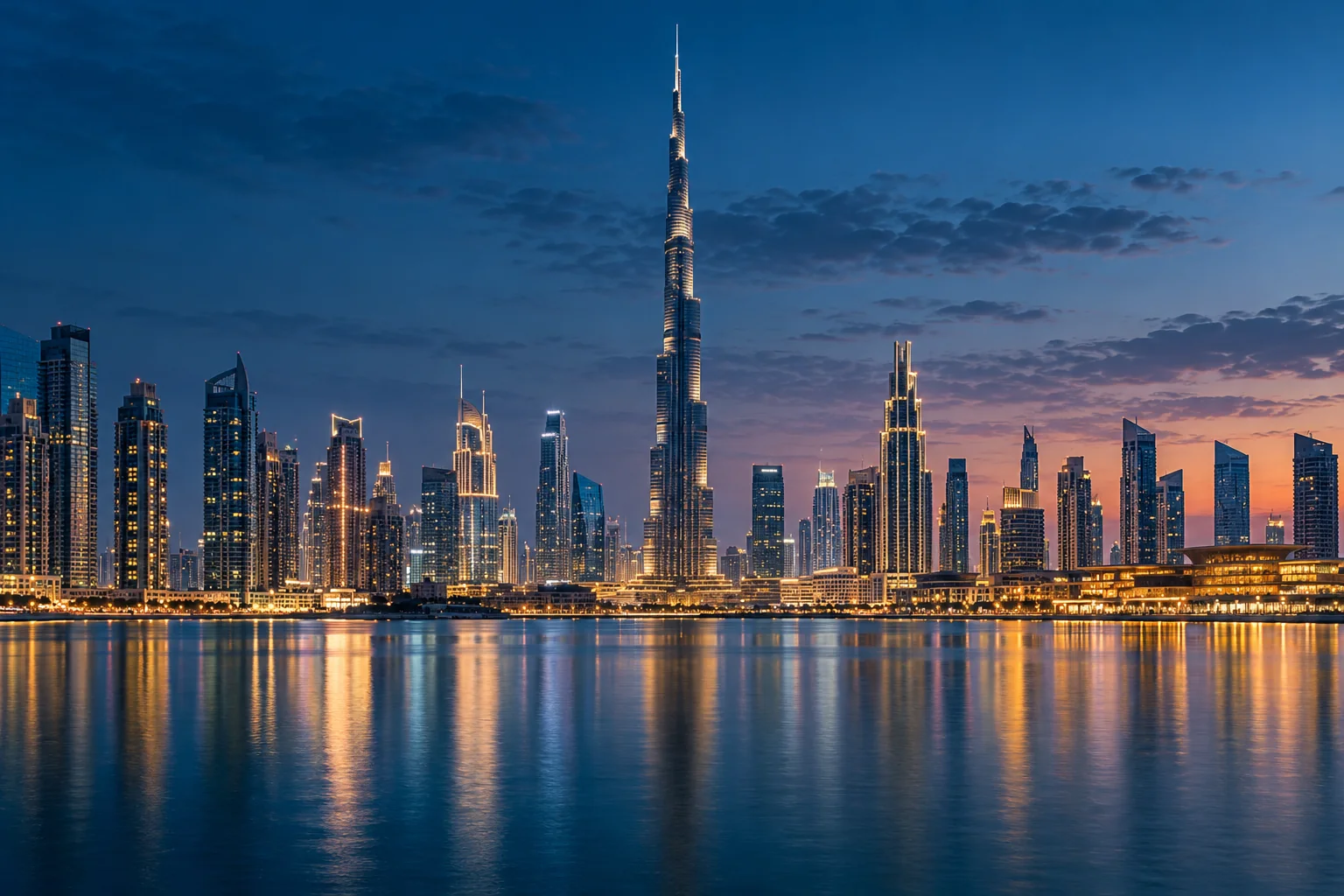 AI-generated editorial illustration of the Dubai skyline at dusk